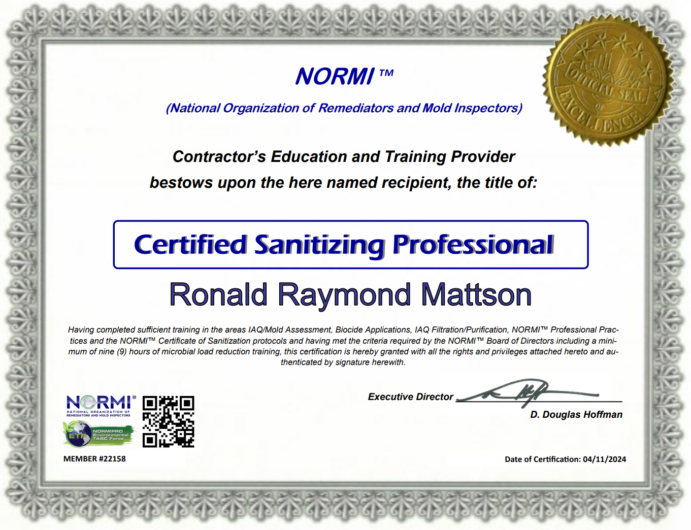 NORMI (National Organization of Remediators and Mold Inspectors) certification credential held by North State Pure Maintenance